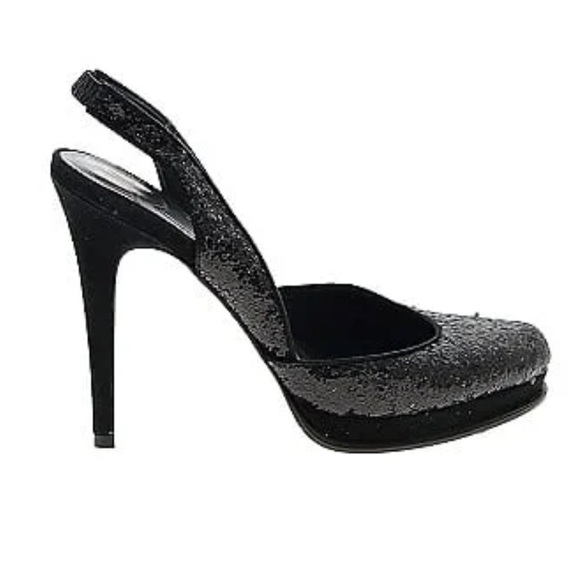 DVF Diane von Furstenberg black glitter heels sling back pumps d’Orsay women’s - Picture 1 of 13